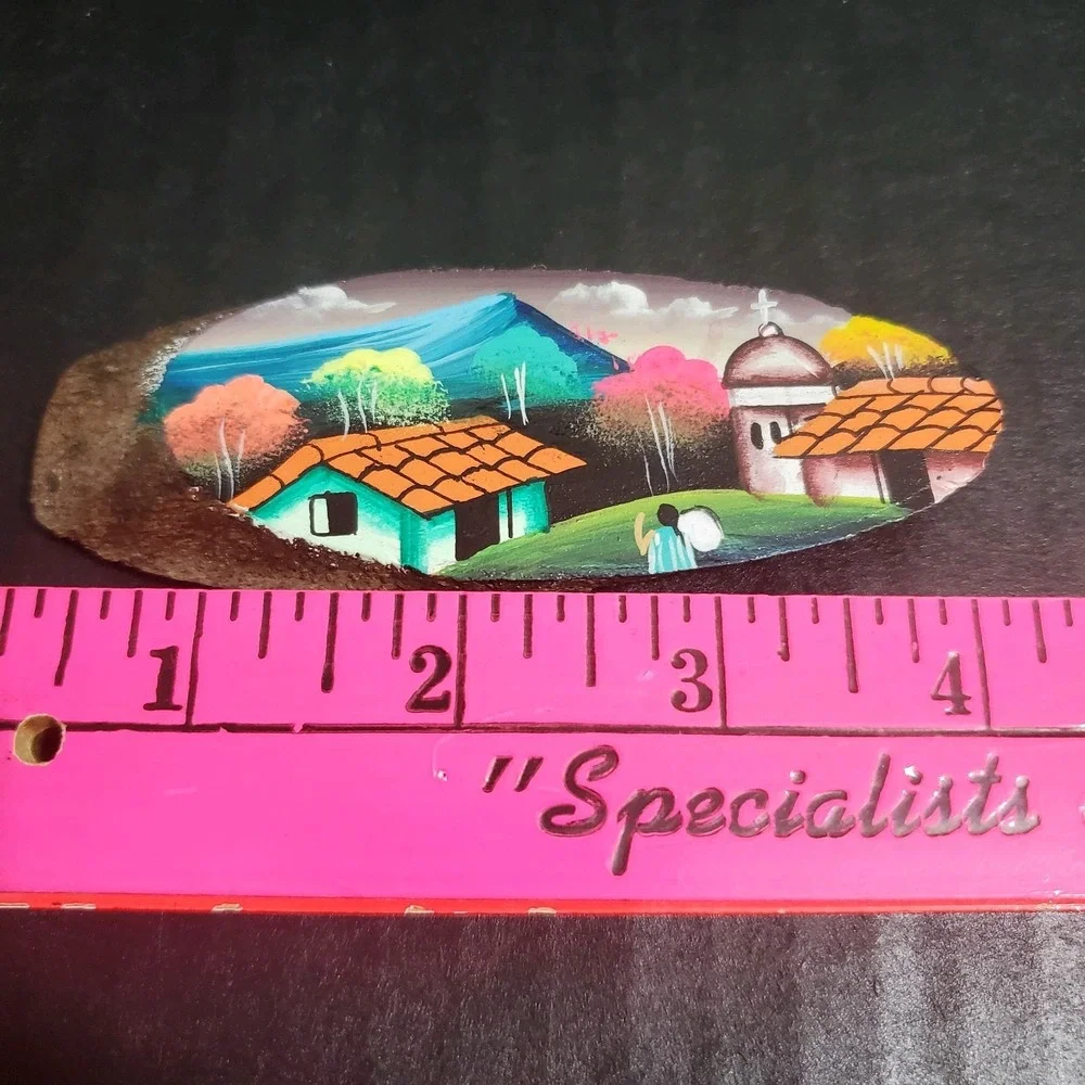 Handpainted Oval Natural Wood‎ Refrigerator Magnet Miniature Village Painting